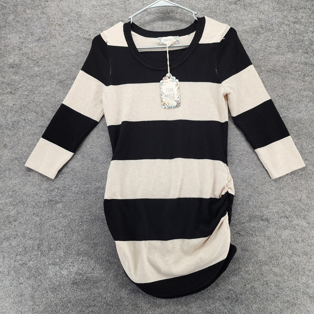 Pink Rose Top Womens Small Black Ivory Striped Ruched 3/4 Sleeve